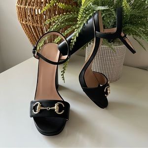 Gucci Black Leather Horsebit Ankle Strap Open Toe Block Heel Sandals - Size 37